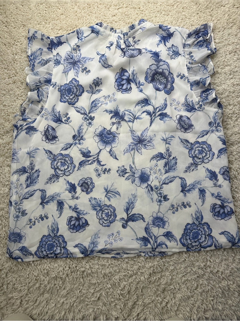 Blue Floral Ruffle Sleeve Womens Top - White & Blue XL - Picture 2 of 6